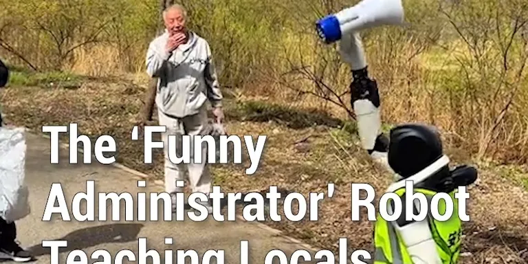 A humanoid robot in a park in northeastern China’s Jilin City has drawn attention for humorously discouraging visitors from harv...