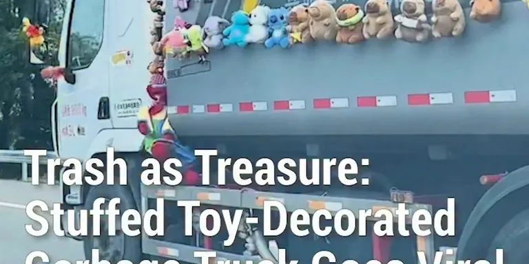 A garbage truck in Chengdu has gone viral after its driver adorned it with dozens of discarded dolls and plushies, as well as hi...