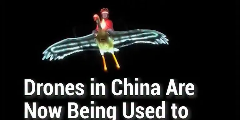 Videos of two luminous drones taking off at a funeral in China, one designed as Guanyin, the Buddhist Bodhisattva of Compassion,...